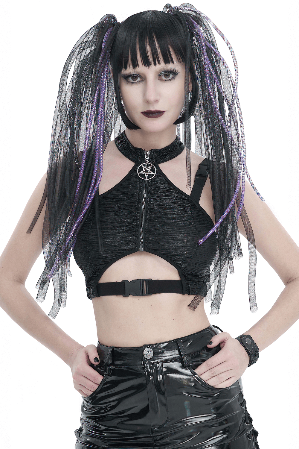 Gothic black cutout crop top with buckle on model, featuring edgy design and zipper detail for an alternative look.