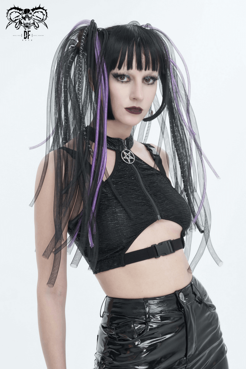 Gothic black cutout crop top with buckle, featuring daring cutouts and a zipper, styled for a punk look.