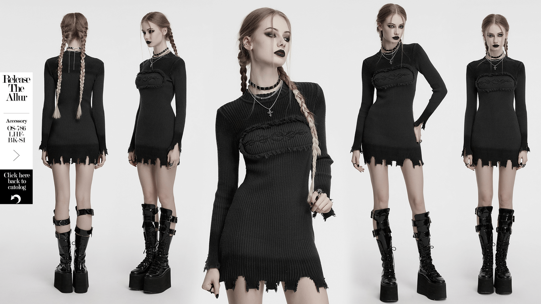 Gothic Black Distressed Knit Dress with Embroidered Detail showcasing a sleek silhouette and moody distressed hem.