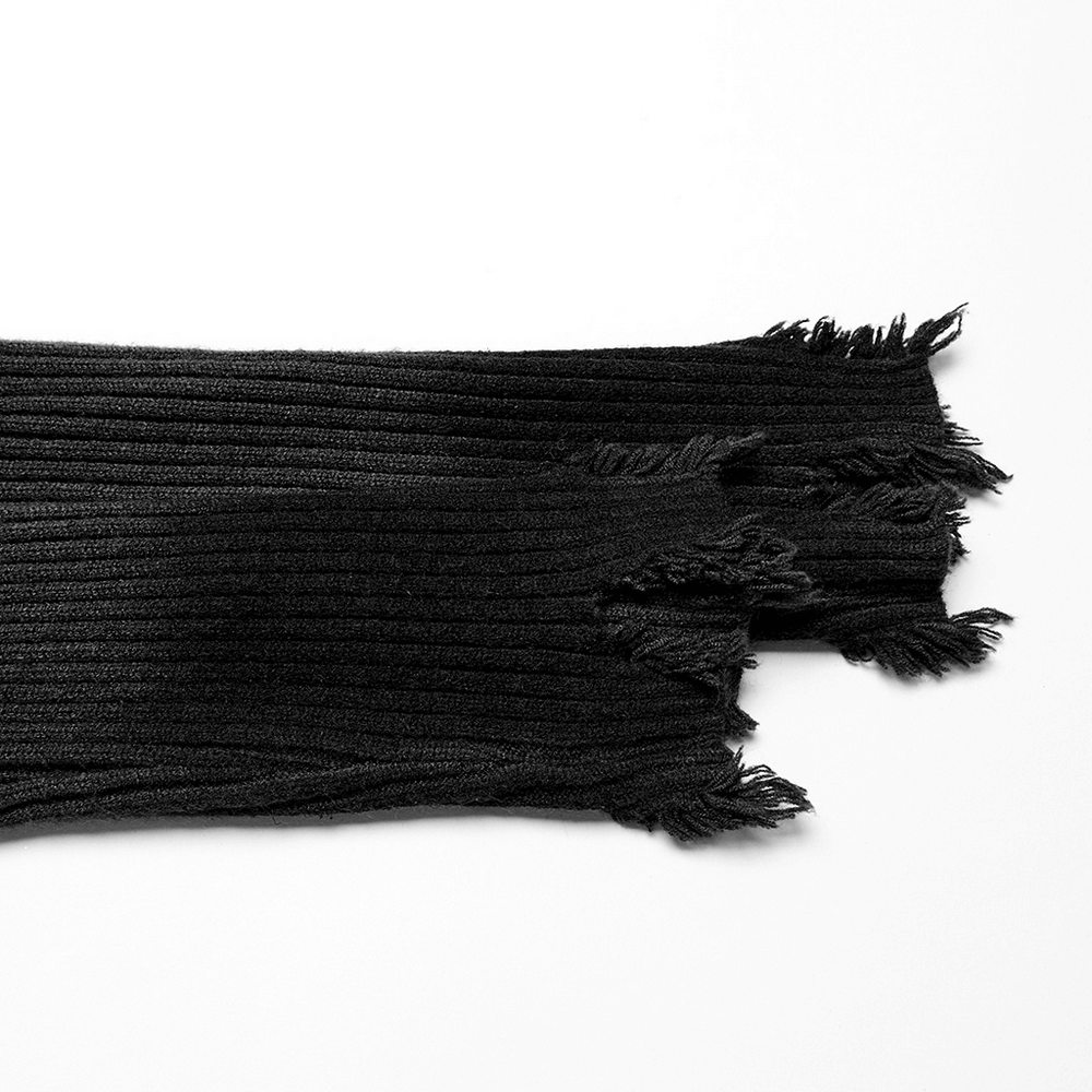 Gothic Black Distressed Knit Dress with Embroidered Detail close-up of distressed cuffs showing unique texture and edgy style.