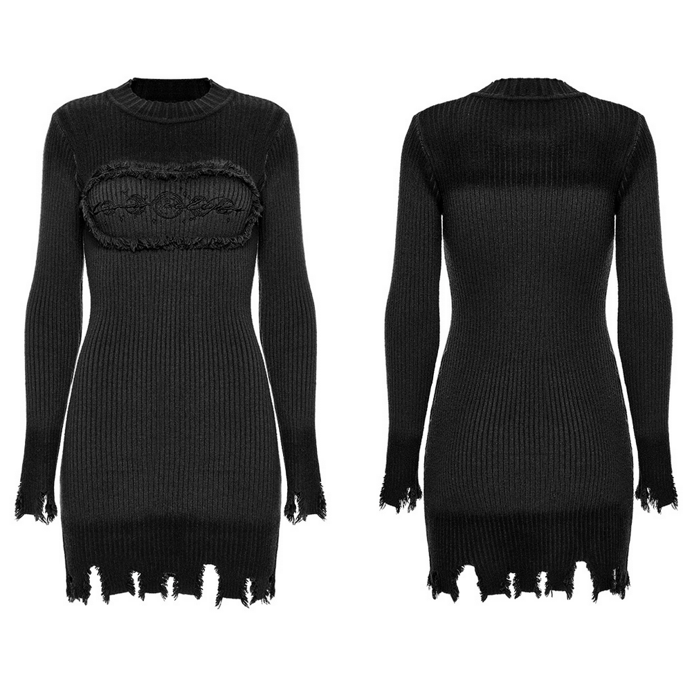 Gothic Black Distressed Knit Dress with Embroidered Detail featuring ripped hem and cuffs.