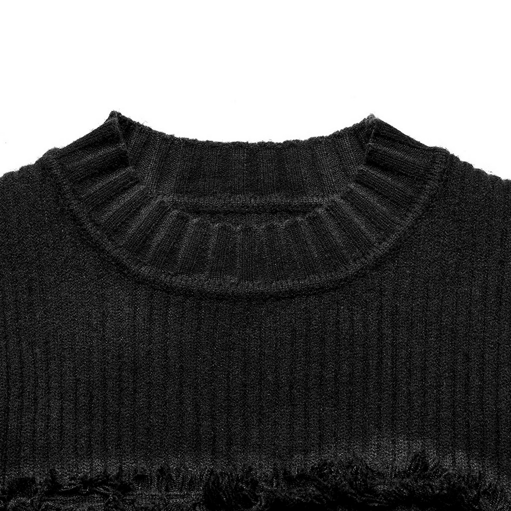 Gothic Black Distressed Knit Dress with Embroidered Detail - close-up of the ribbed collar detail