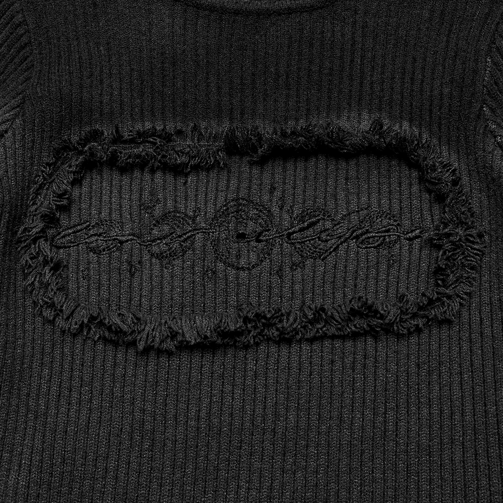 Gothic Black Distressed Knit Dress with Embroidered Detail showing intricate embroidery and distressed texture.