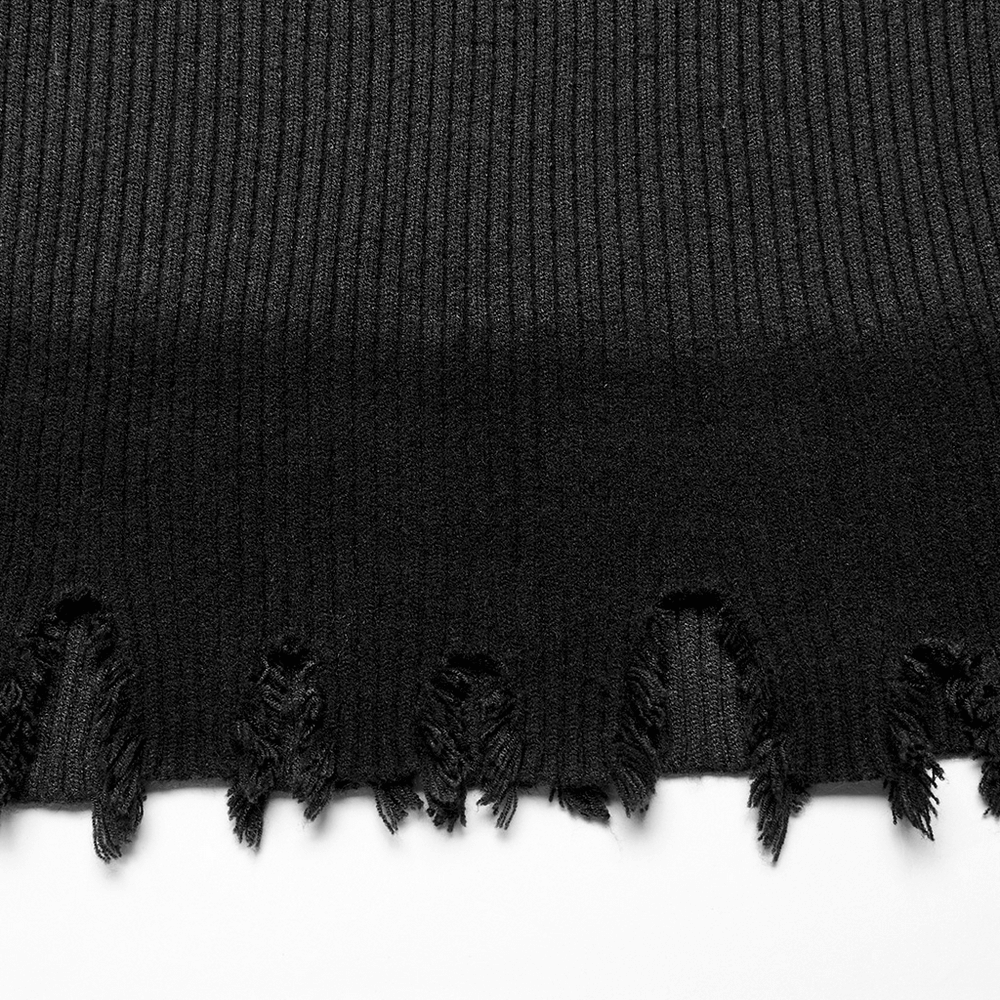 Gothic Black Distressed Knit Dress with Embroidered Detail, showcasing the unique distressed hem design.