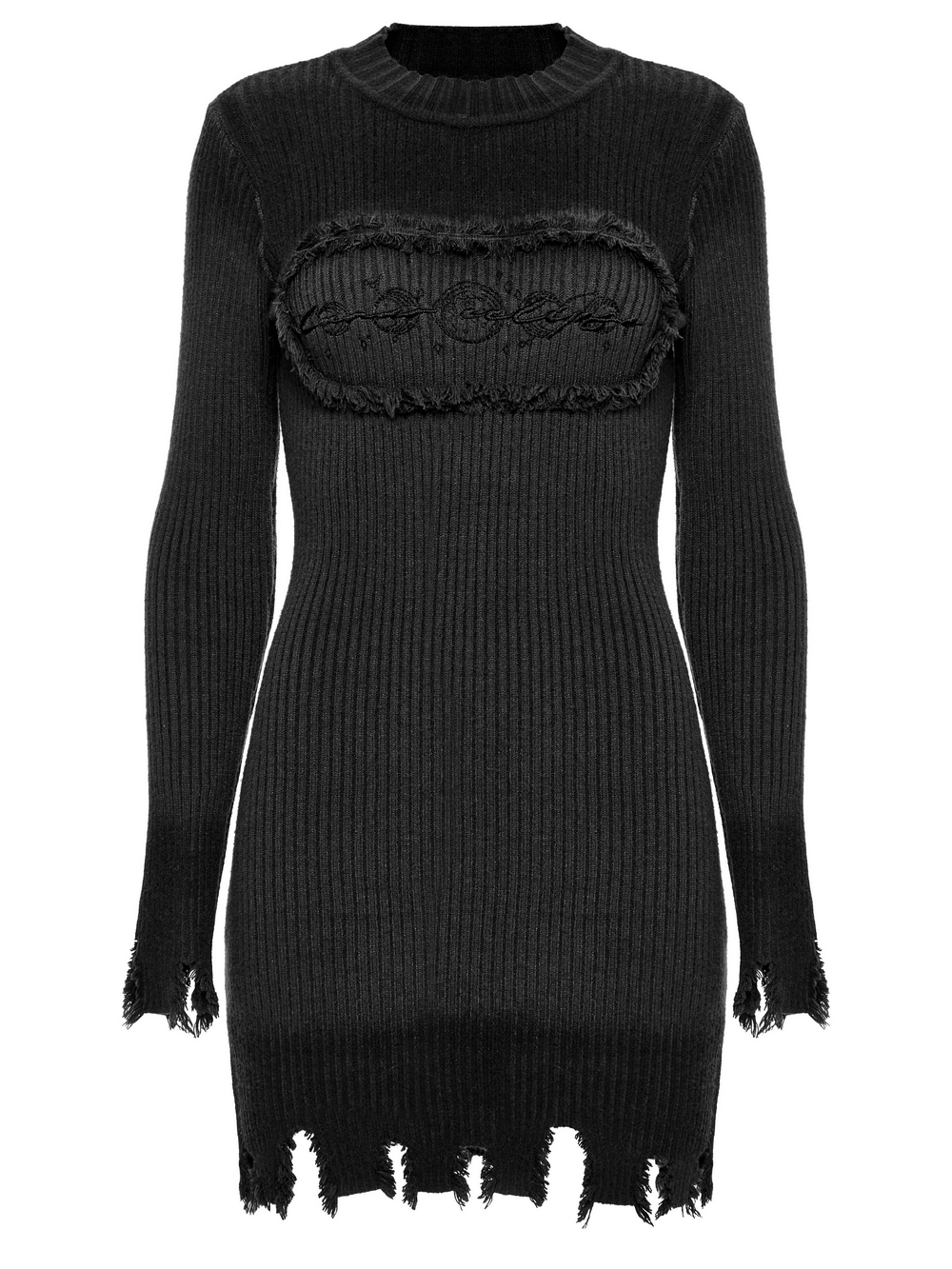 Gothic Black Distressed Knit Dress with Embroidered Detail featuring a ripped hem and unique textures.