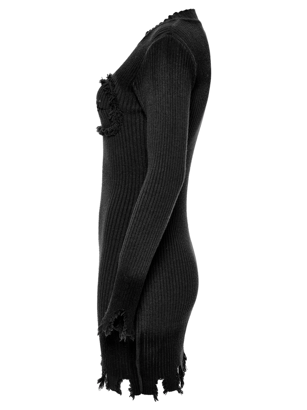 Gothic Black Distressed Knit Dress with Embroidered Detail showcasing a side view with ripped hem.