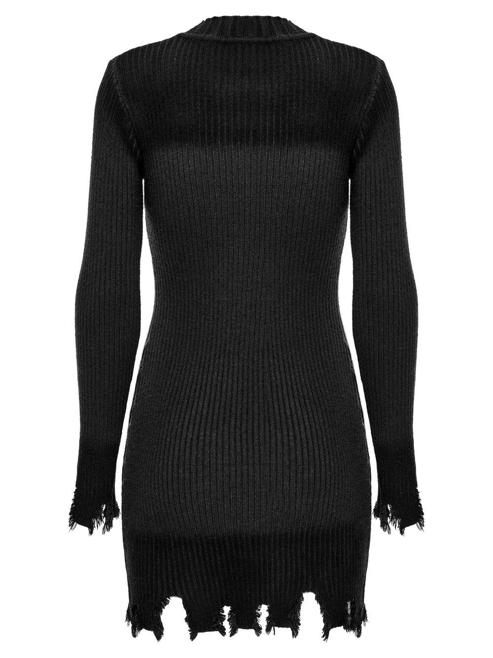 Gothic Black Distressed Knit Dress with Embroidered Detail, showcasing a back view with a distressed hem.