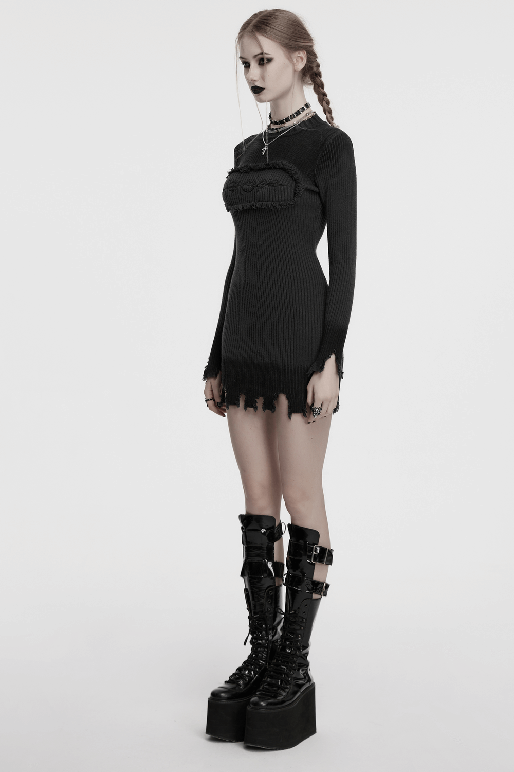 Gothic Black Distressed Knit Dress with Embroidered Detail displayed on model with dark accessories, highlighting its edgy style.