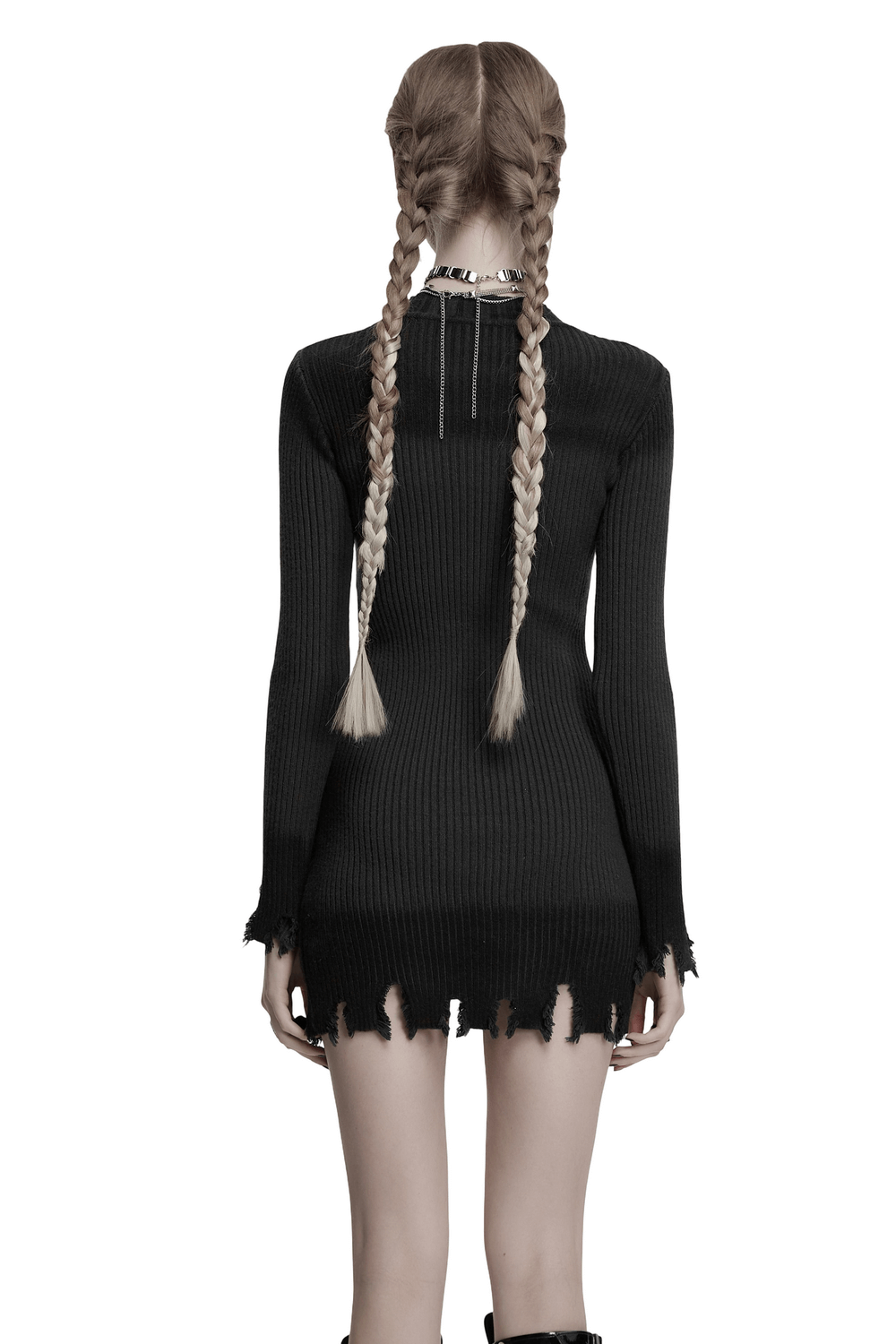 Gothic Black Distressed Knit Dress with Embroidered Detail, featuring a ripped hem and intricate back detail.