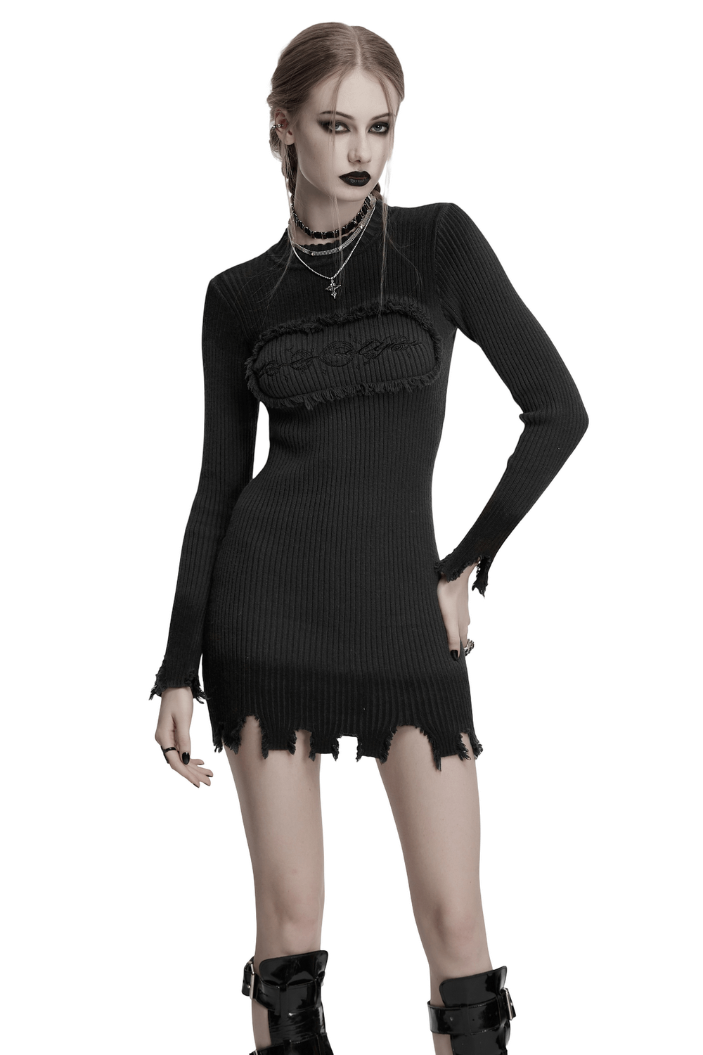 Gothic Black Distressed Knit Dress with Embroidered Detail featuring a ripped hem and striking silhouette.