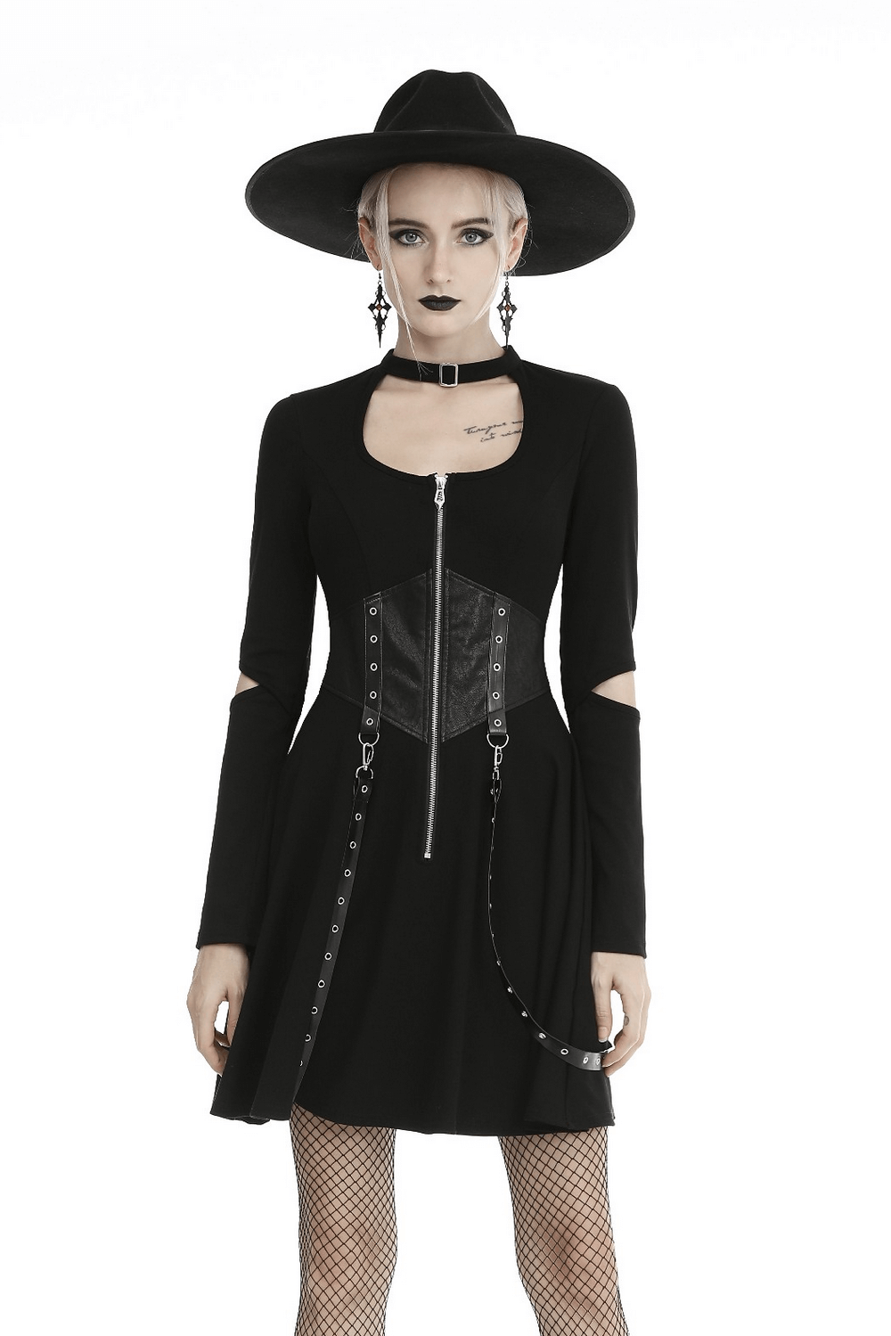 Gothic Black Dress with Faux Leather Corset Detail