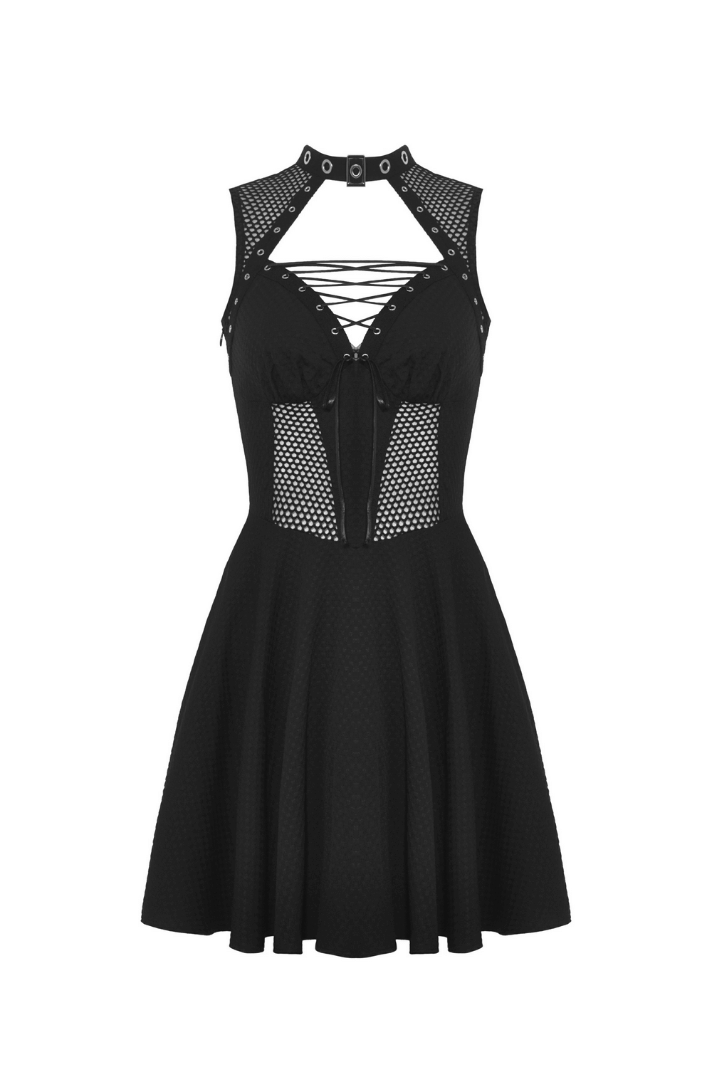 Gothic Black Dress with Fishnet Detail and Lace-Up Front