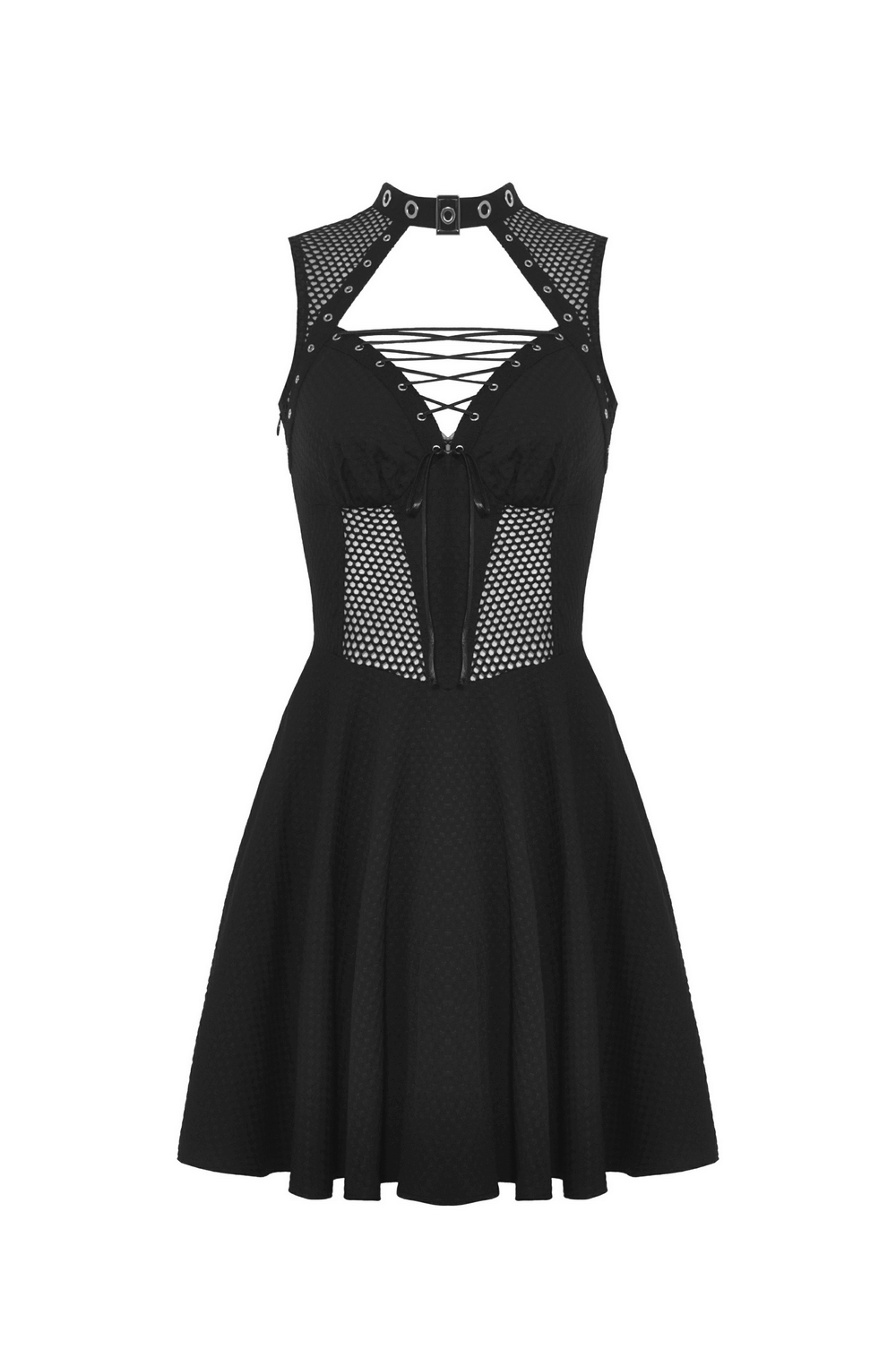 Gothic black mini dress with fishnet detail, lace-up front, and rivet accents for an edgy punk look.