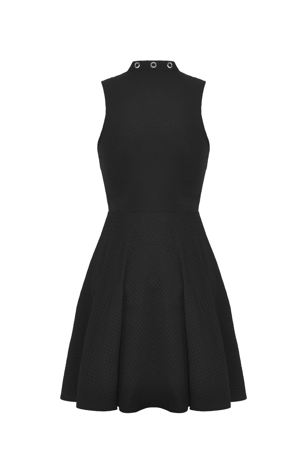 Gothic black mini dress with rivet accents and flared skirt, perfect for punk fashion lovers.