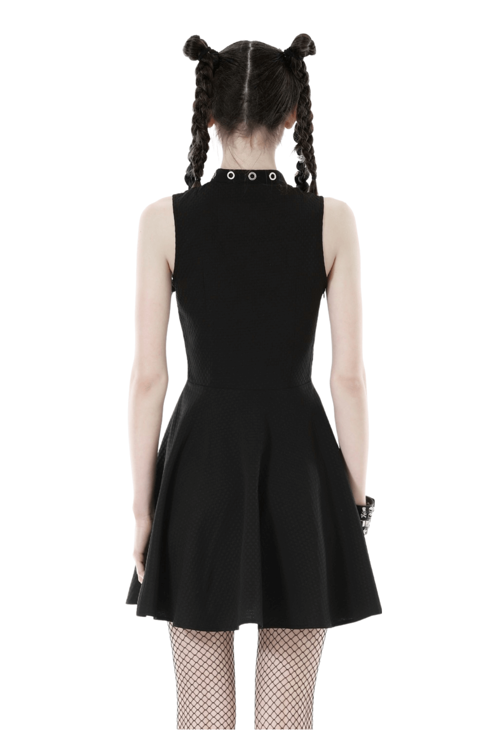Back view of a gothic black mini dress featuring rivet accents and a flared skirt, perfect for punk fashion.