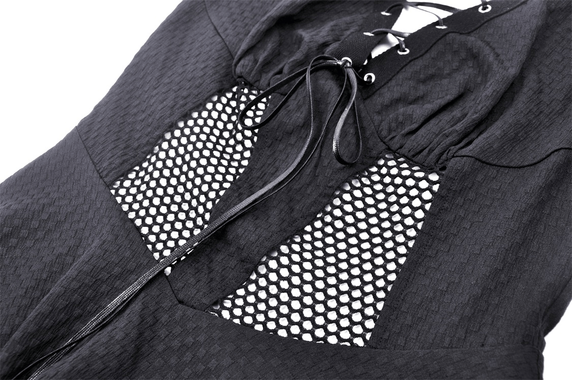 Gothic black dress with fishnet detail, lace-up front, and stylish mesh panels for a punk-inspired look.