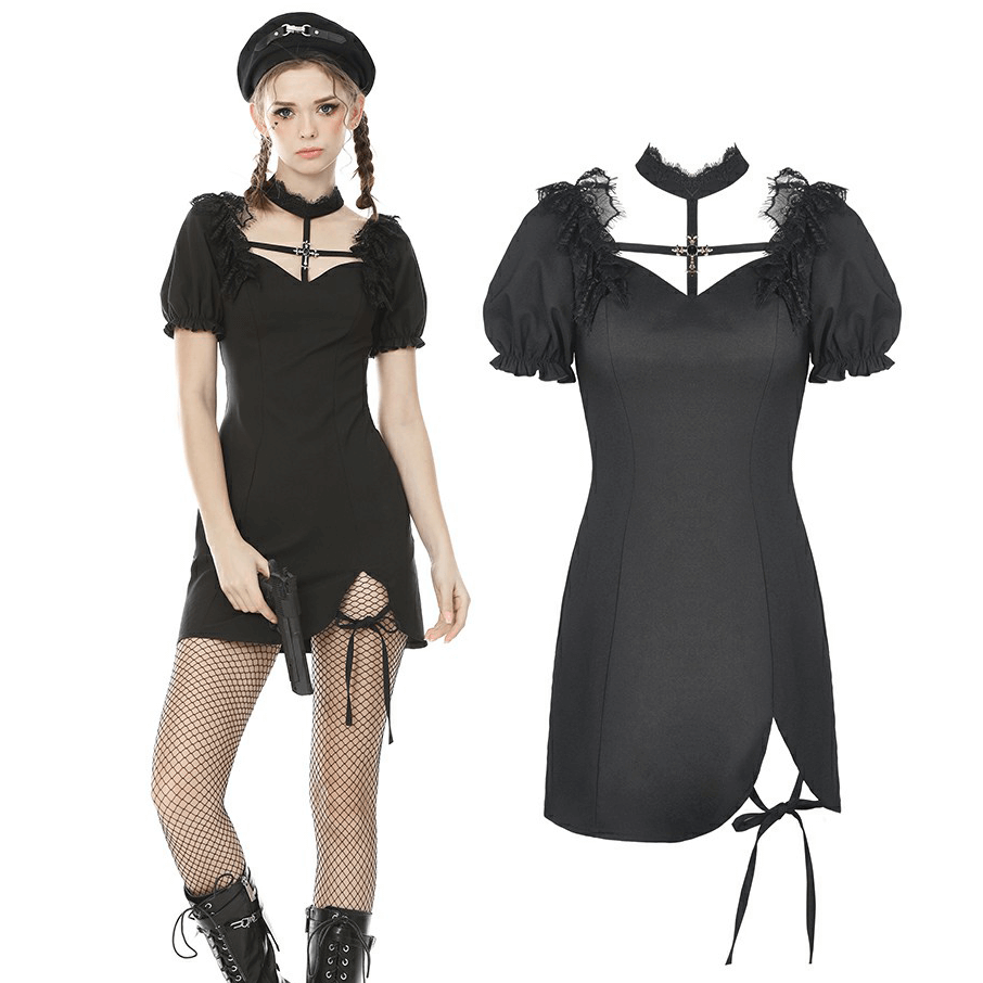 Gothic black mini dress with lace, puff sleeves, and ribbon details, perfect for dark fashion lovers.