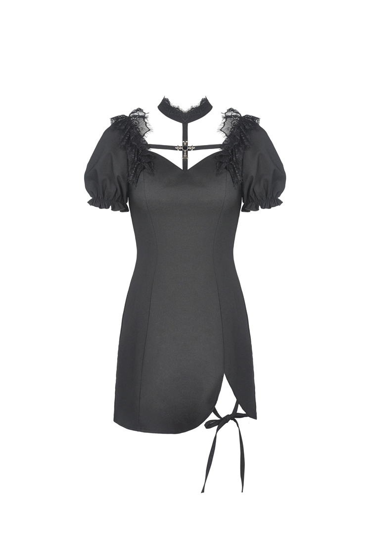 Gothic black mini dress with lace trim, puff sleeves, and ribbon tie for a dark elegant style.