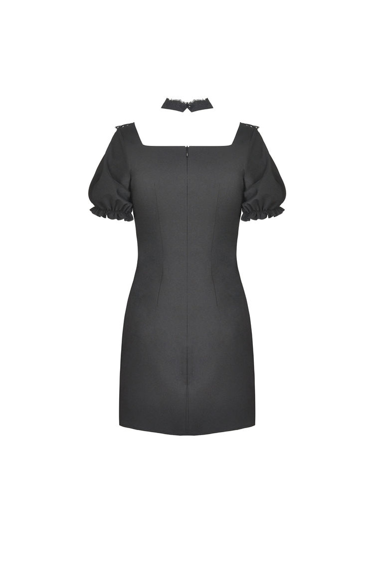 Gothic black mini dress with lace and ribbon details, featuring puff sleeves for vintage charm.