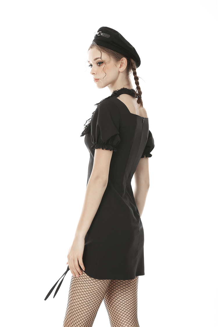 Gothic black mini dress with puff sleeves, lace detail, and ribbon, styled with fishnet stockings and a fashionable beret.