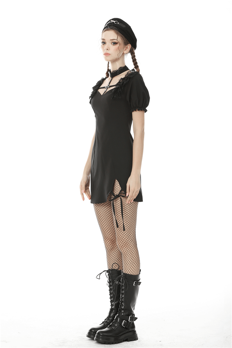 Gothic Black Dress with Lace and Ribbon Details