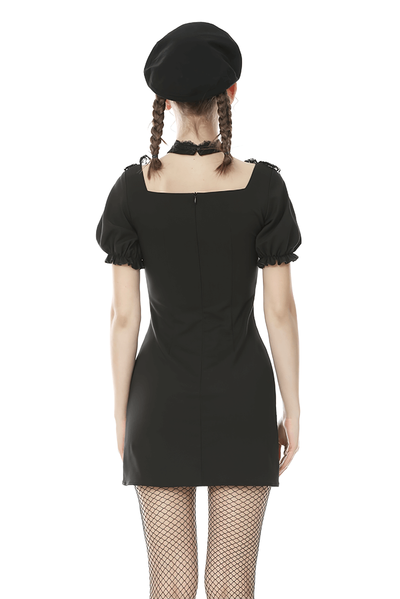 Back view of a gothic black mini dress with puff sleeves, showcasing lace details and playful style.