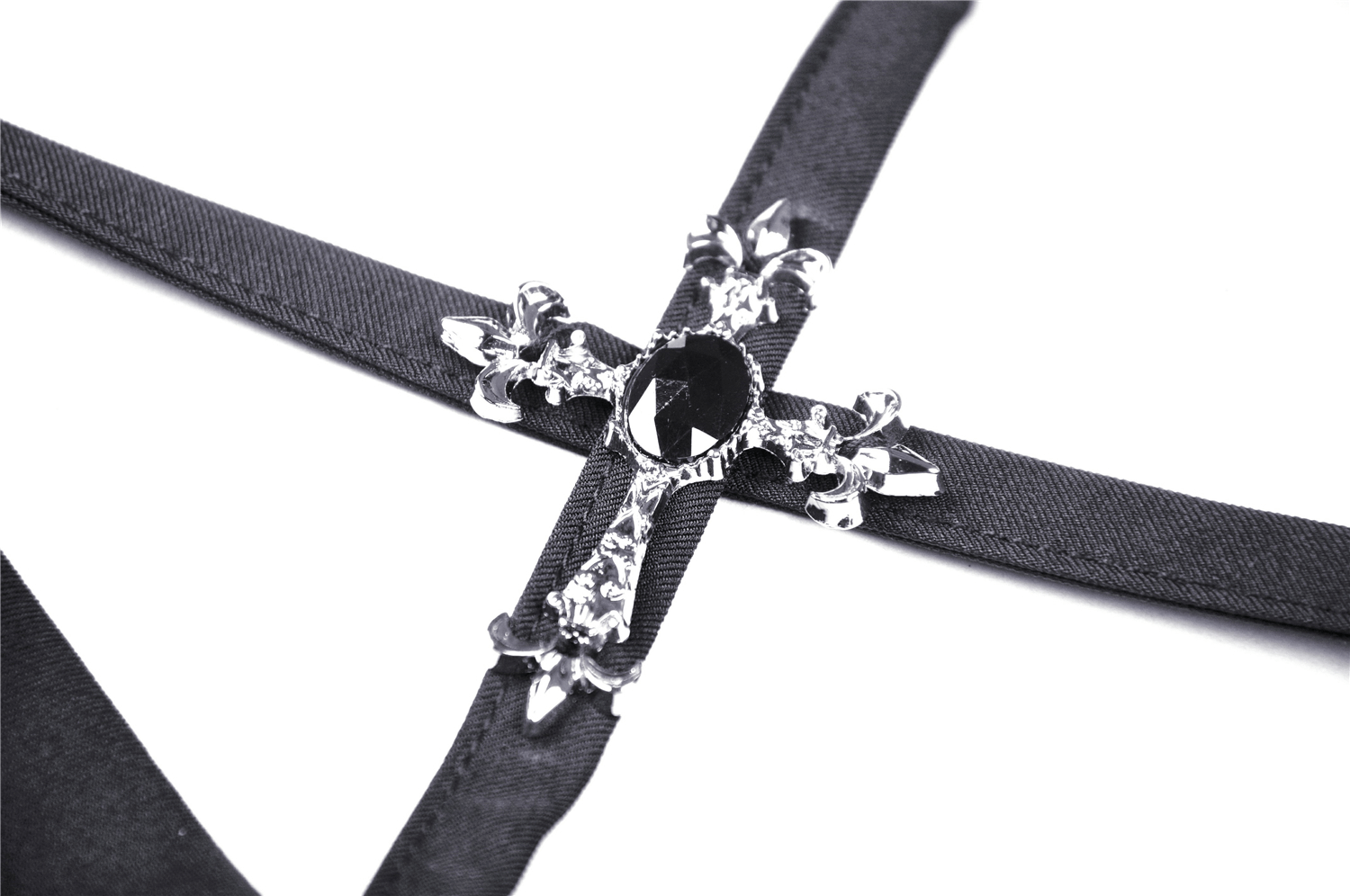 Gothic black ribbon harness with intricate silver cross and black gem detail, perfect accessory for dark fashion.