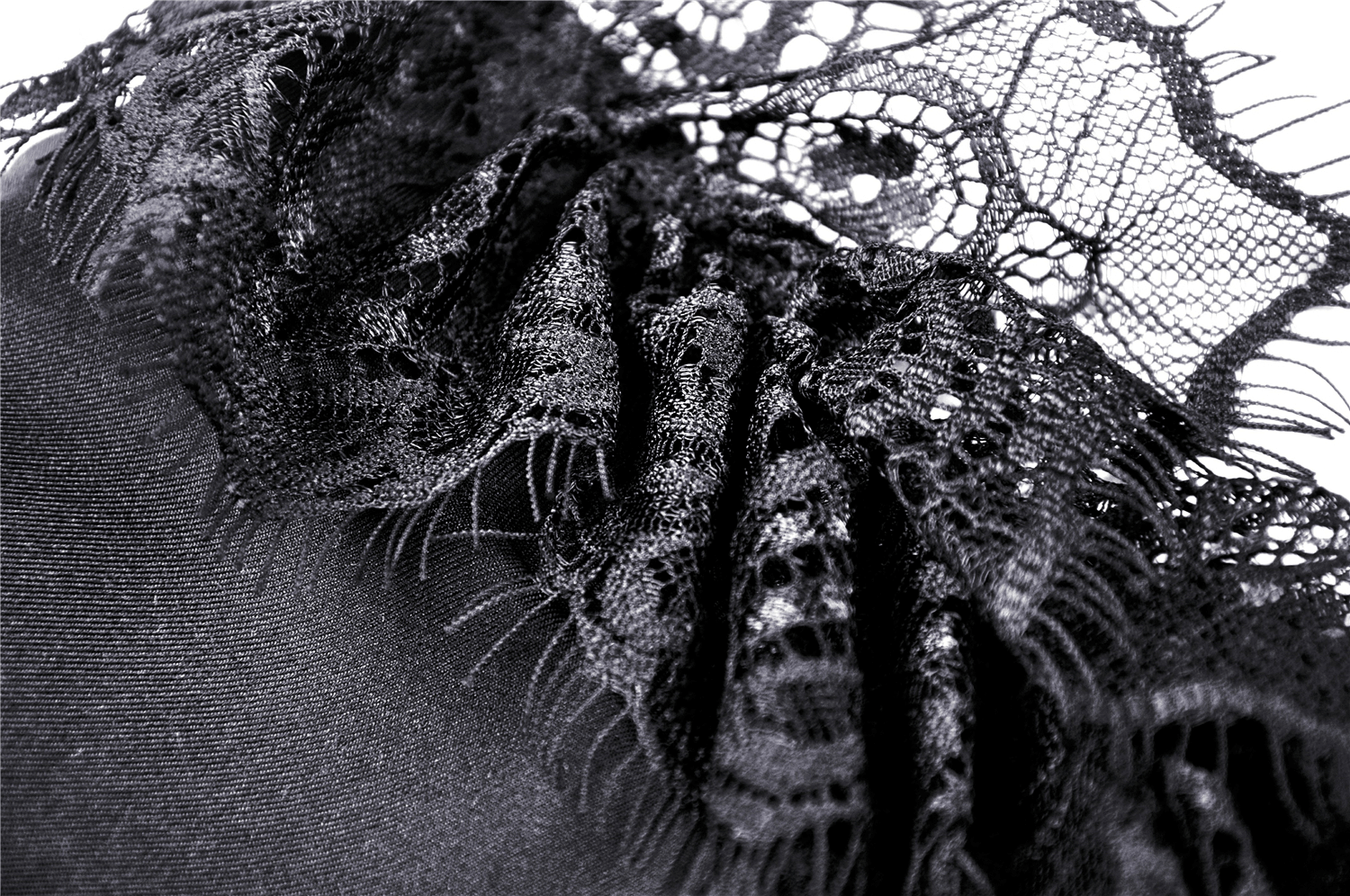 Close-up of intricate black lace detailing on a gothic dress, showcasing its elegant texture and design.