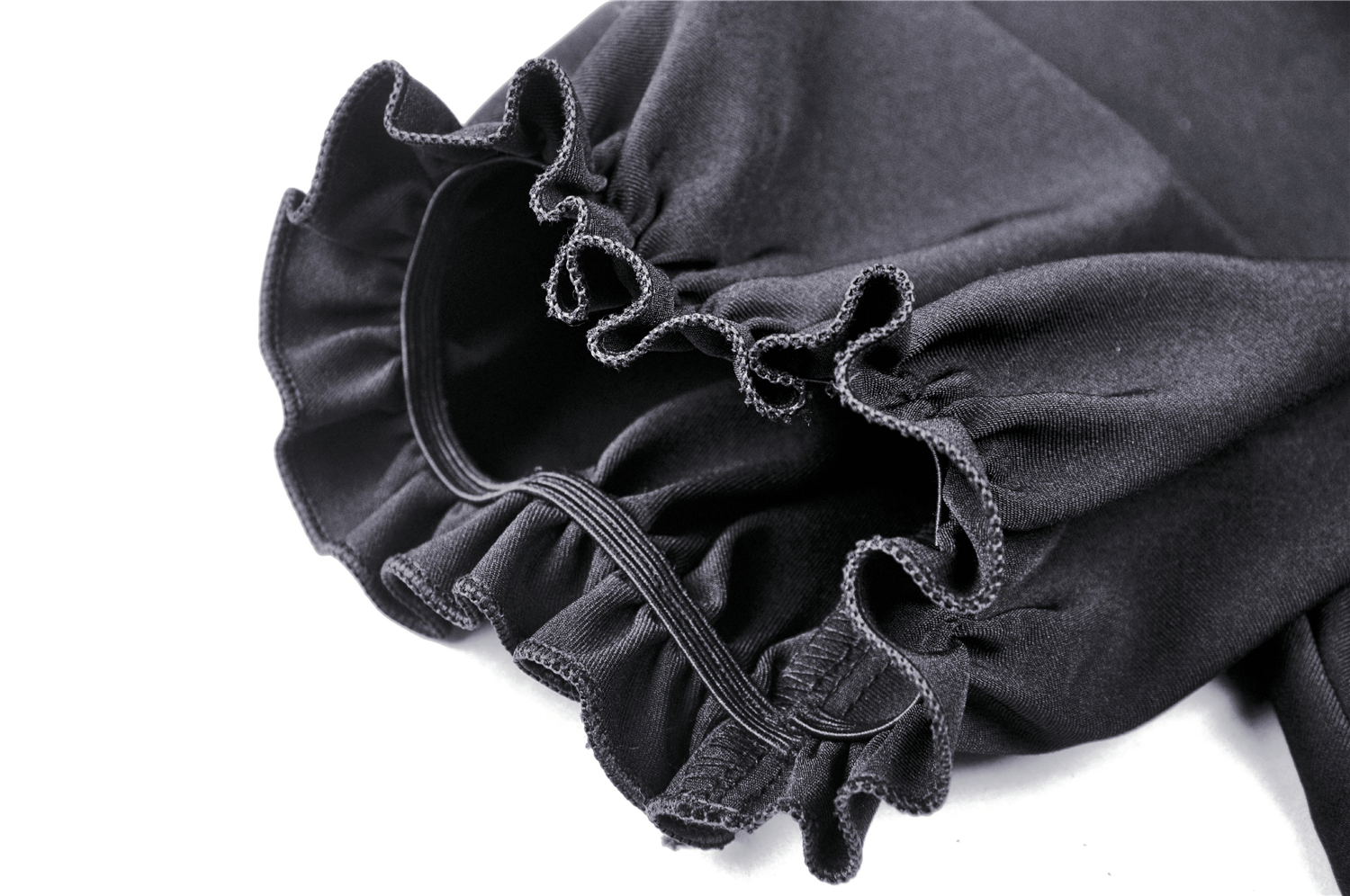 Close-up of the ruffled puff sleeve detail on a gothic black dress, showcasing lace and ribbon accents.