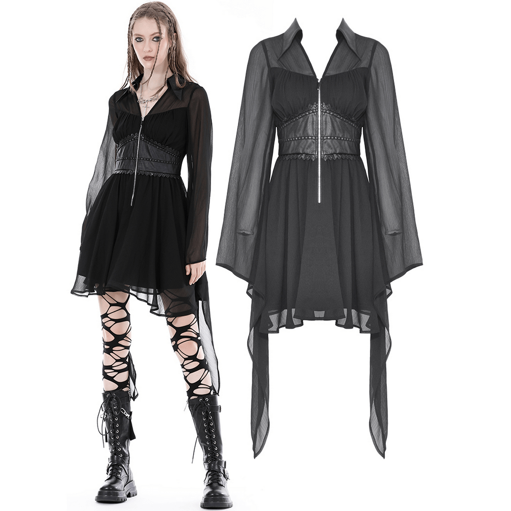 Gothic black A-line dress with lace-up detail, flowy sleeves, and corset styling for a bold, edgy look.