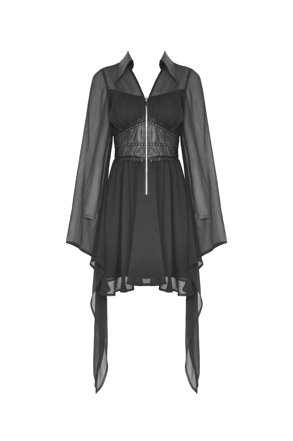 Gothic black dress with lace-up detail, flowy sheer sleeves, and corset styling for a dark elegant look.