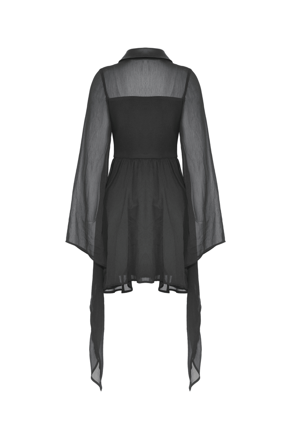 Elegant Gothic black A-line dress with lace-up detail and flowy sheer sleeves, showcasing dark fashion style.