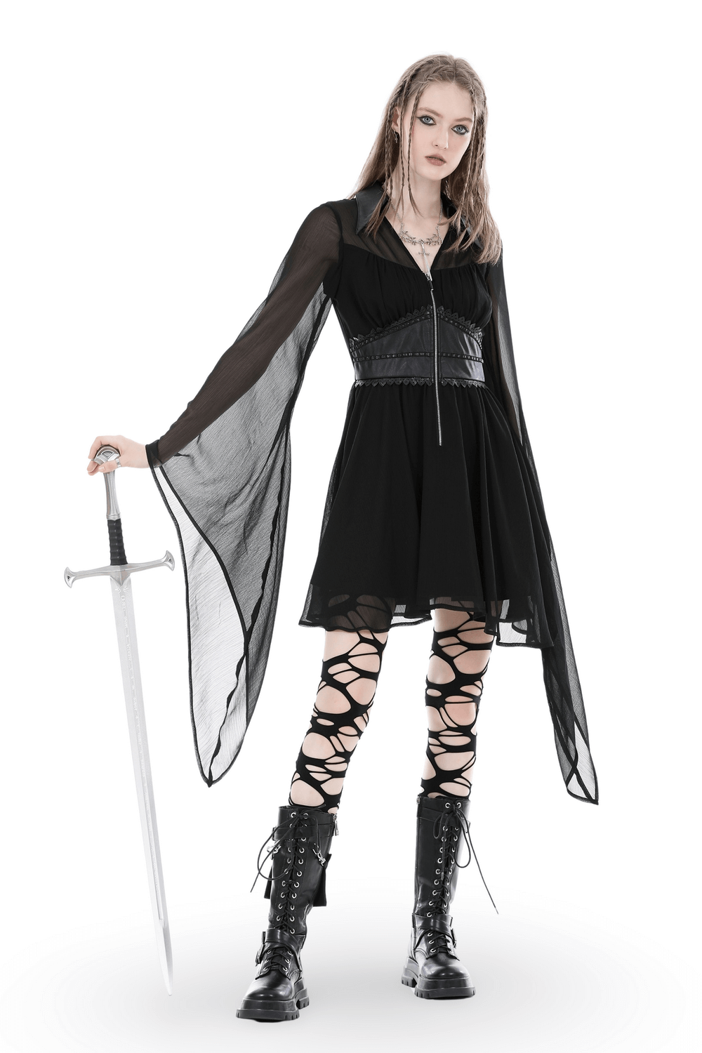 Gothic black dress with flowy sleeves and lace-up detail, paired with edgy lace-up boots and a sword.