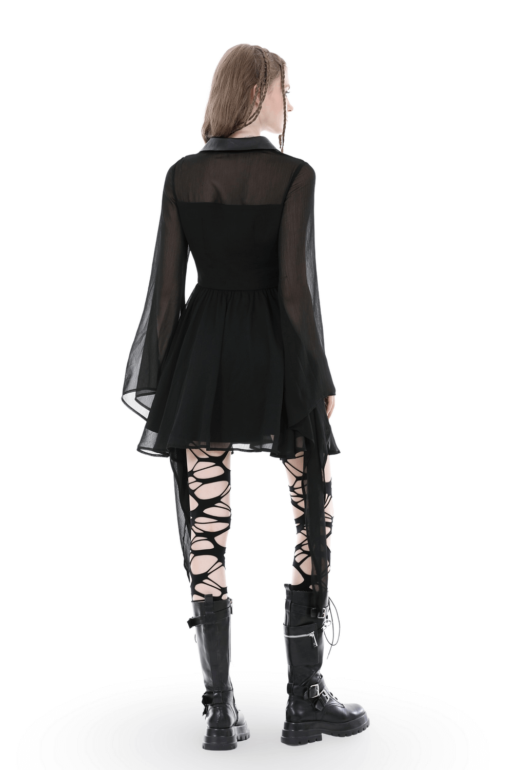 Back view of a gothic black dress with lace-up detail, flowy sleeves, and edgy lace-up boots.