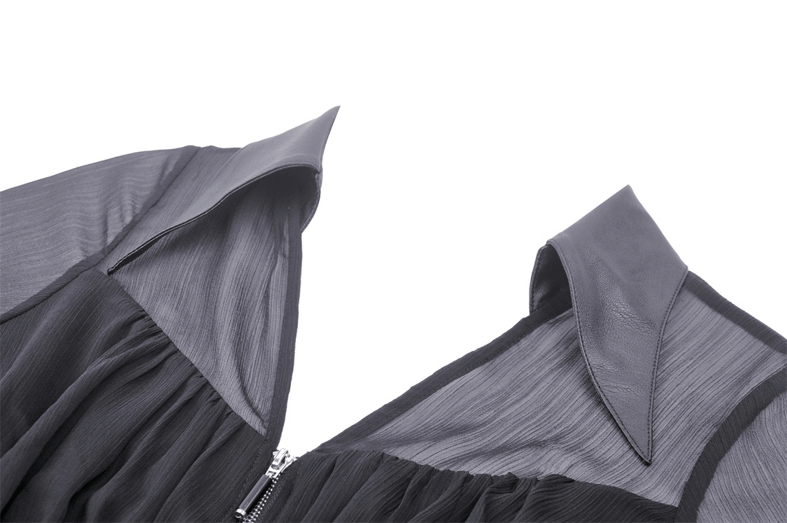 Close-up of the collar and flowy fabric of a Gothic black dress with dark elegance and corset styling.