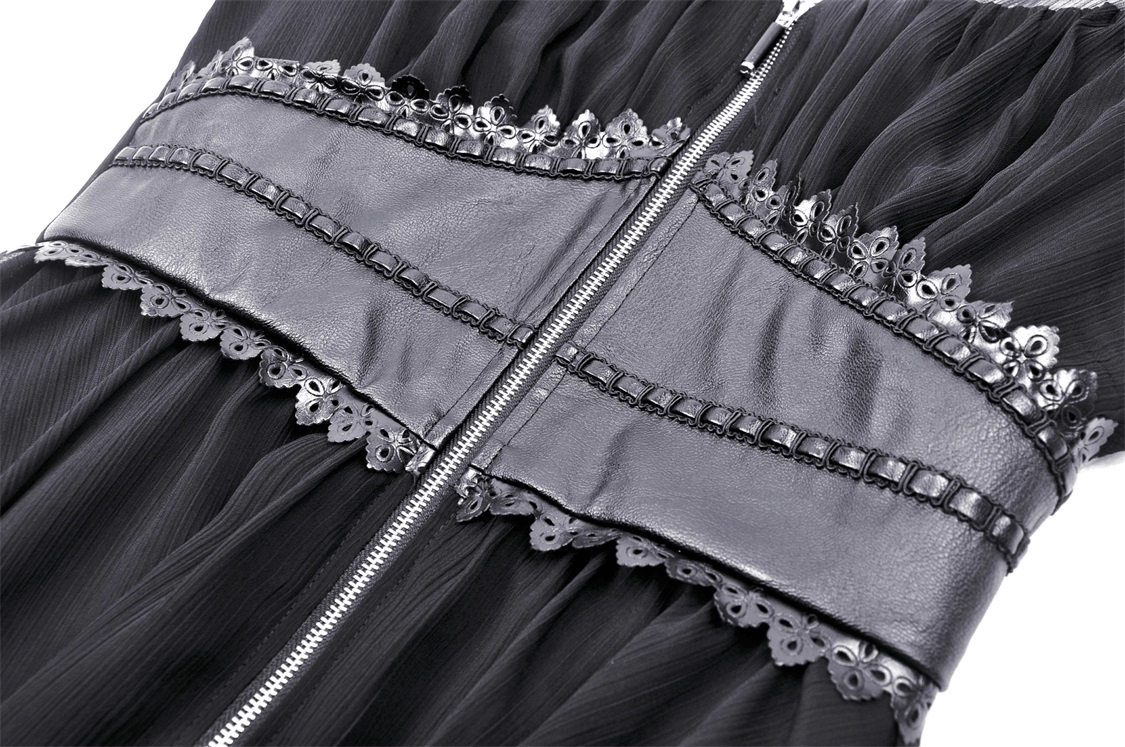 Close-up of Gothic black dress featuring lace-up and corset detail, enhancing its edgy and elegant design.