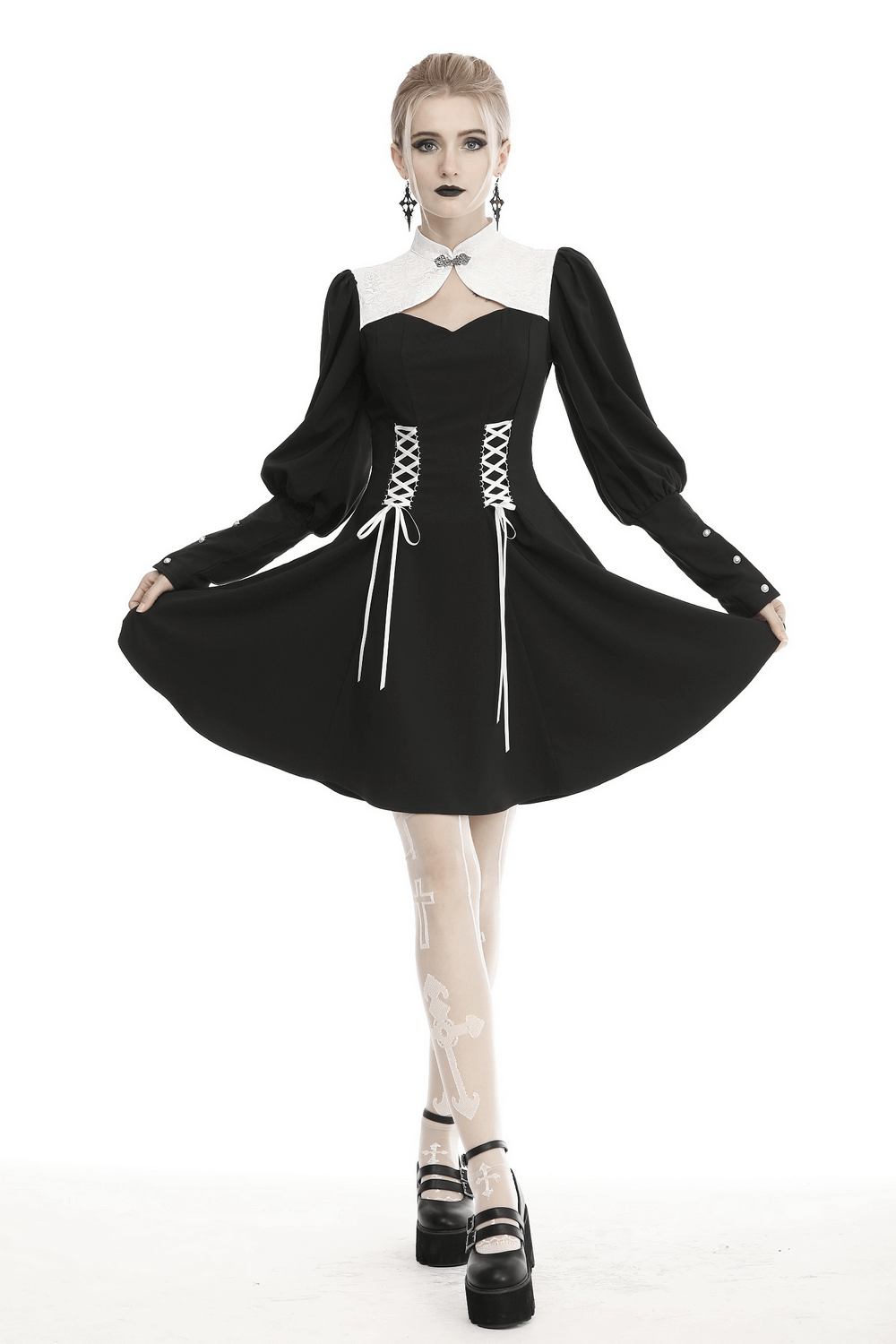 Gothic Black Dress with Lace-Up Detail and Puffed Sleeves