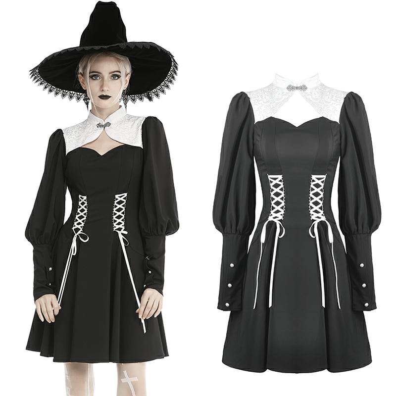 Gothic Black Dress with Lace-Up Detail and Puffed Sleeves