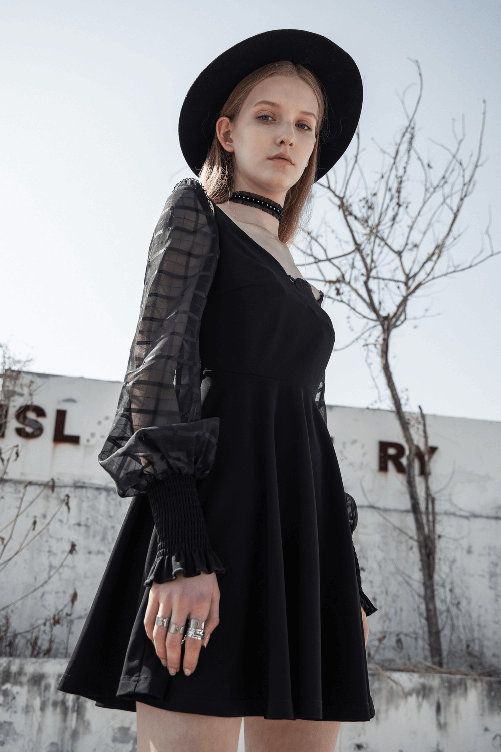 Gothic Black Dress with Sheer Plaid Sleeves and V-Neck