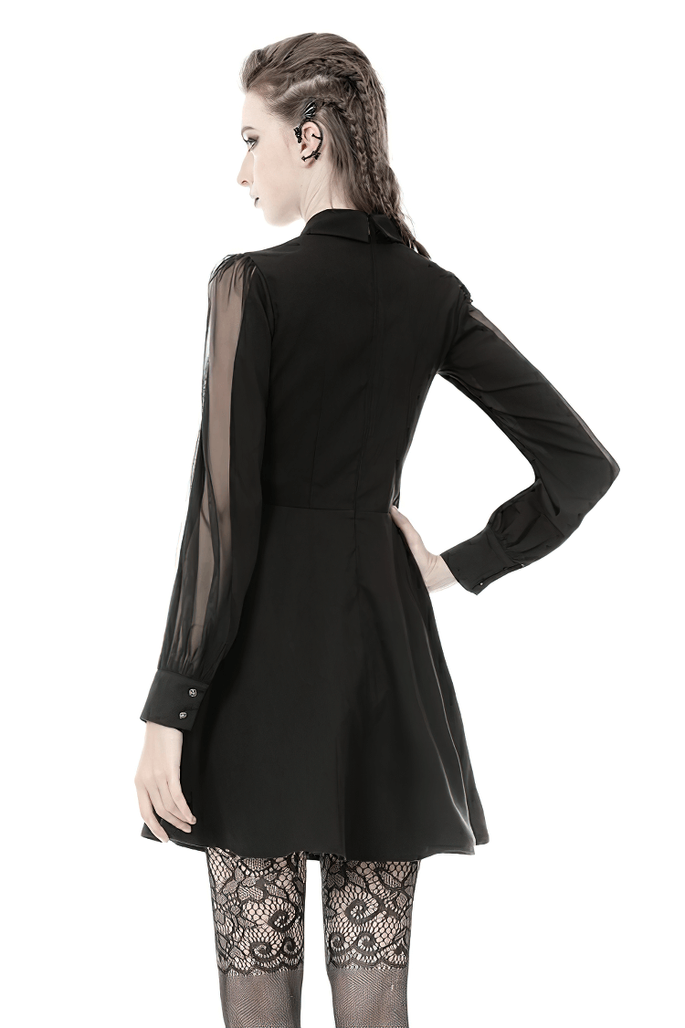 Gothic Black Dress with Sheer Sleeves and Lace-Up Detail