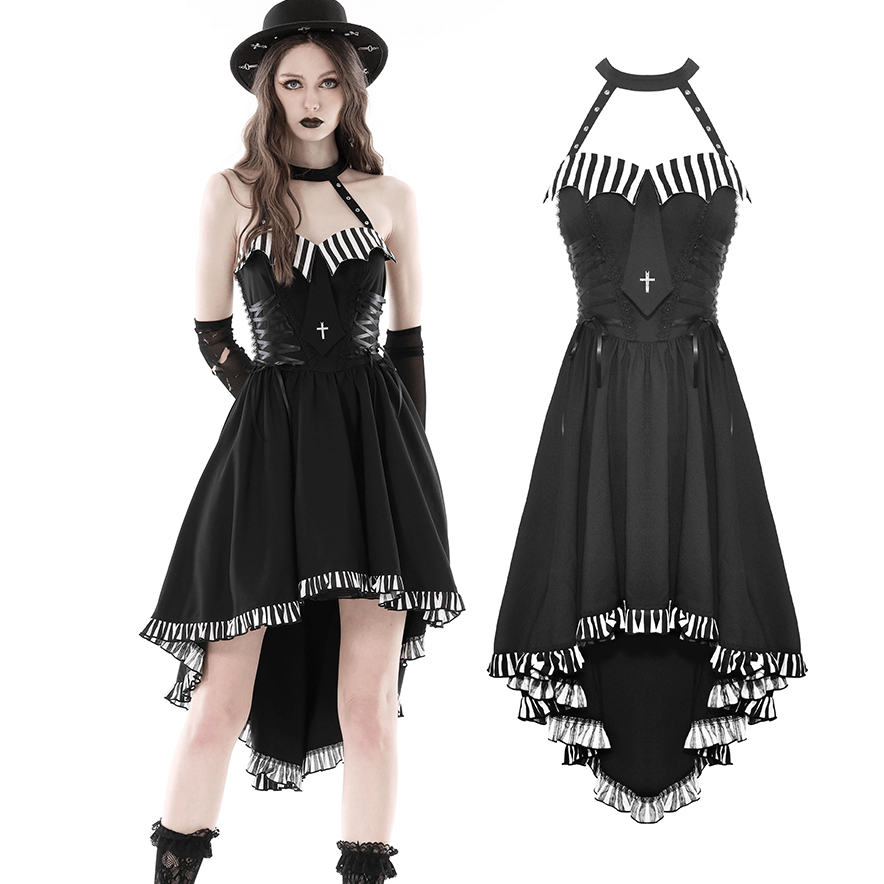 Gothic Black Dress with Striped Detail and Fringe