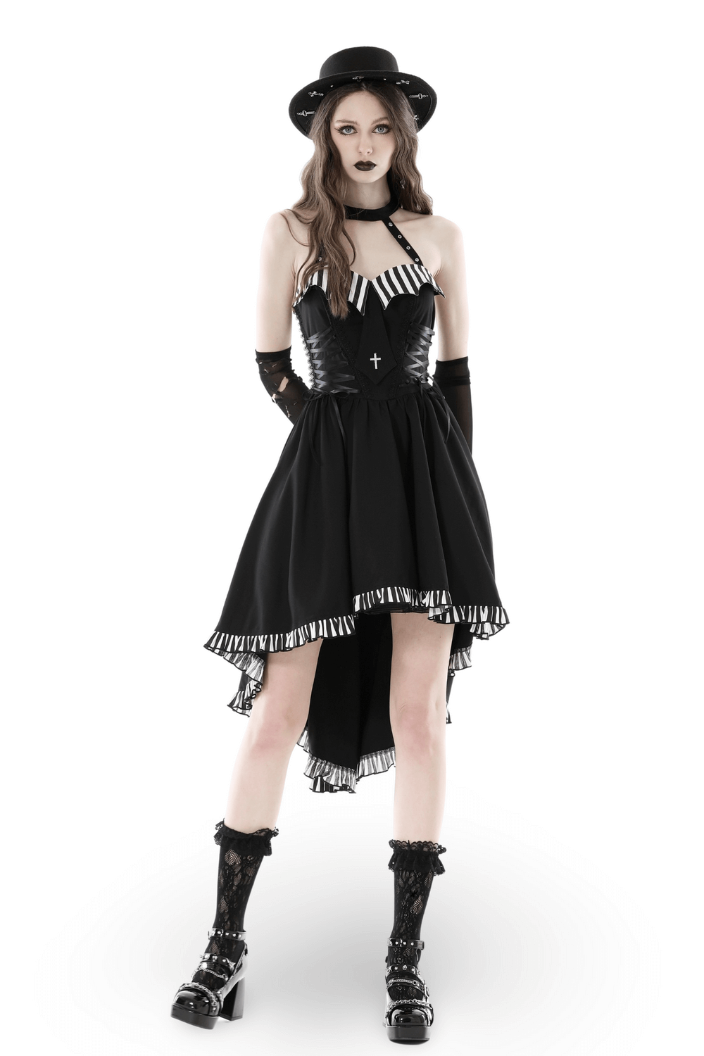 Gothic Black Dress with Striped Detail and Fringe