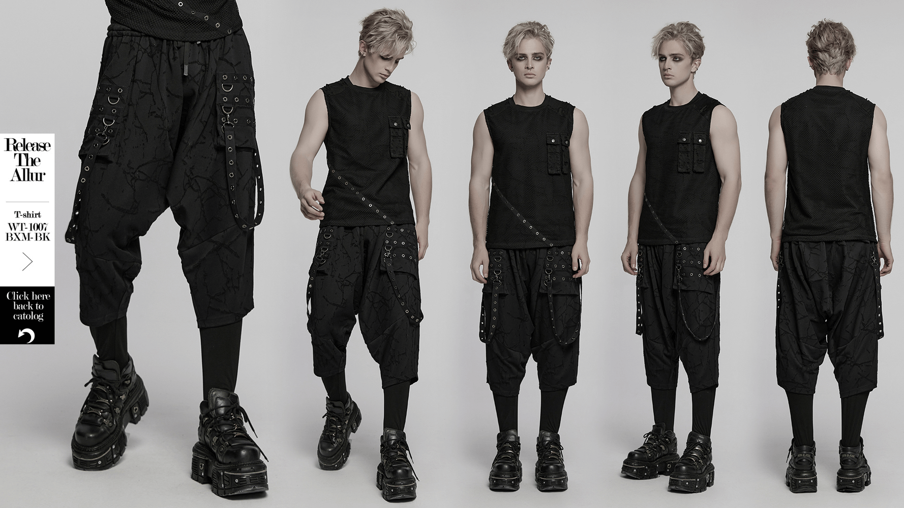 Gothic black drop crotch pants with eyelet straps and punk style, featuring bold pockets and relaxed fit.