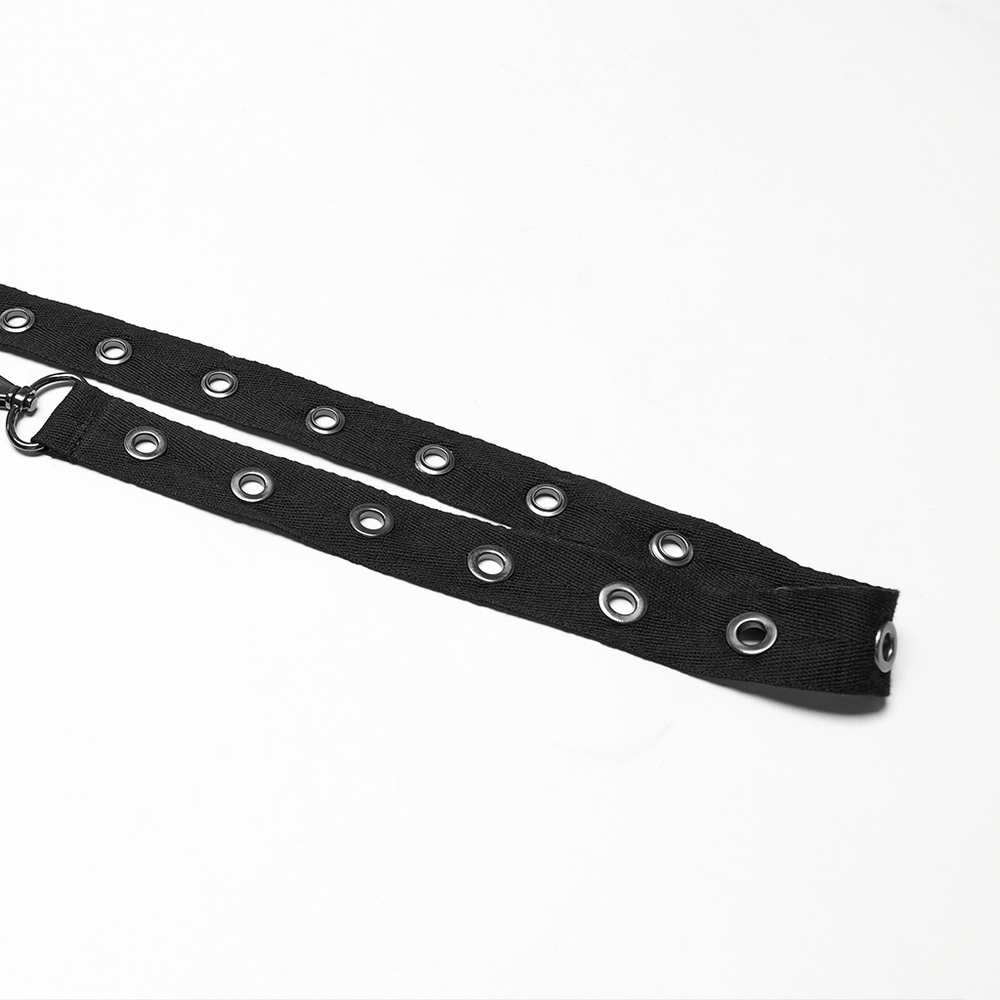 Black eyelet strap with D-ring for punk fashion, perfect for adding edgy flair to alternative style outfits.