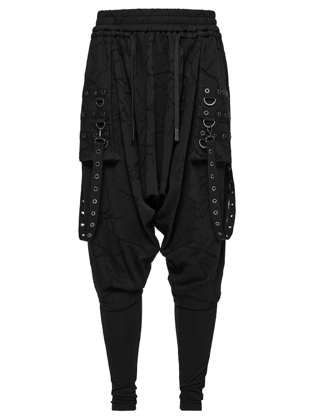 Gothic black drop crotch pants for men with eyelet straps and bold 3D pockets, perfect for punk alternative style.
