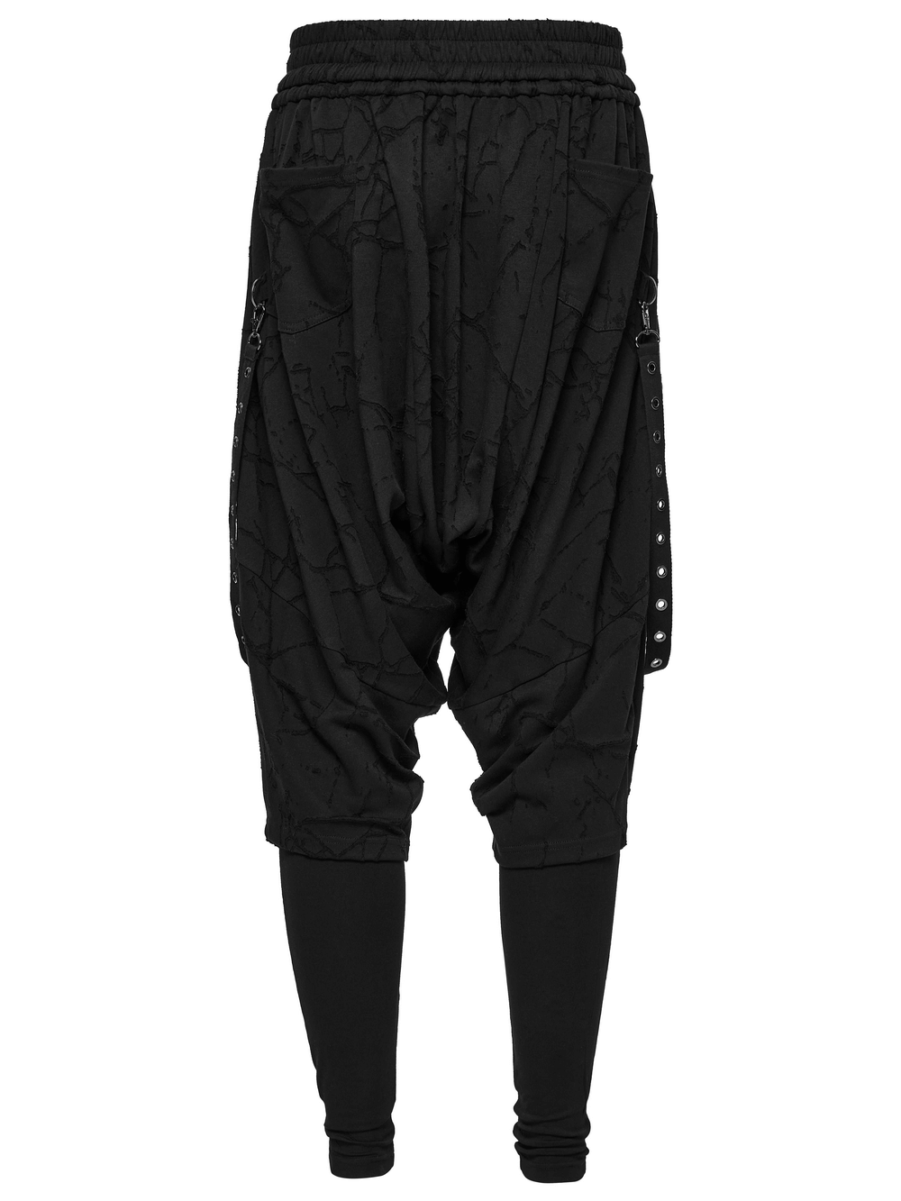Gothic black drop crotch pants with eyelet straps and bold pockets, designed for male punk style enthusiasts.