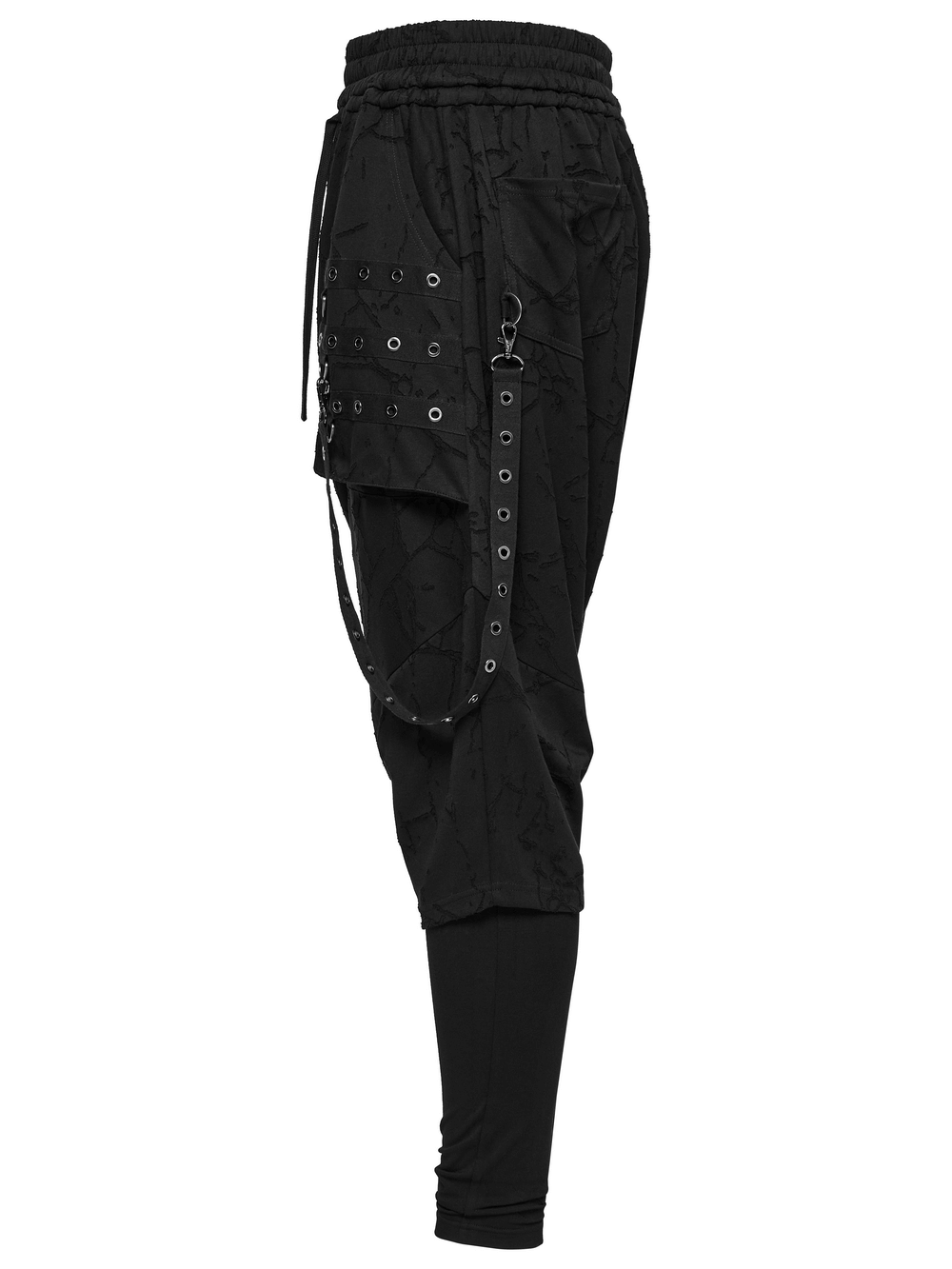 Gothic black drop crotch pants with eyelet straps and D-Ring detailing, embodying punk style and edgy fashion.