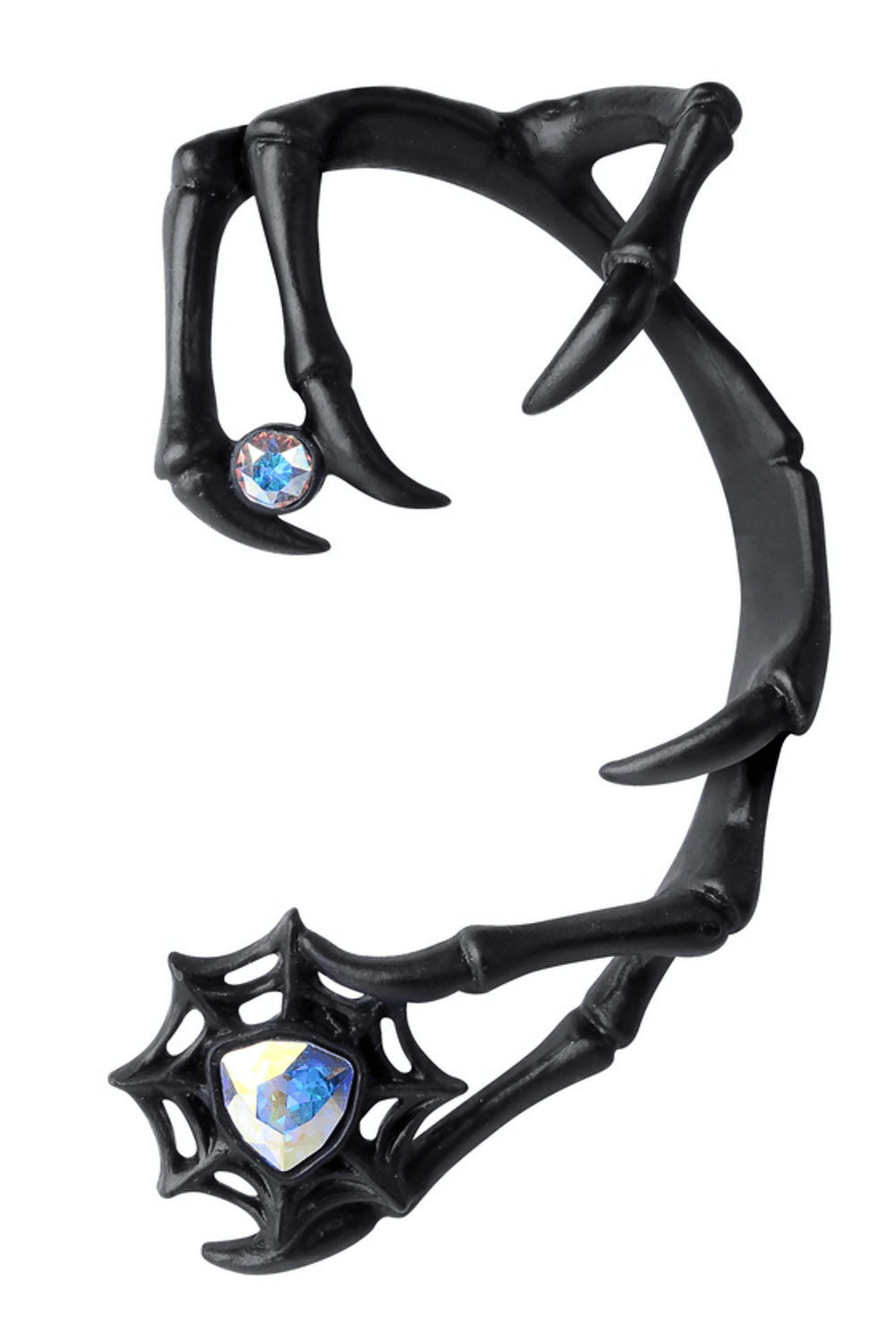 Gothic Black Earwrap with Swarovski Crystal and Spider Web featuring claw-like design and shimmering crystals.