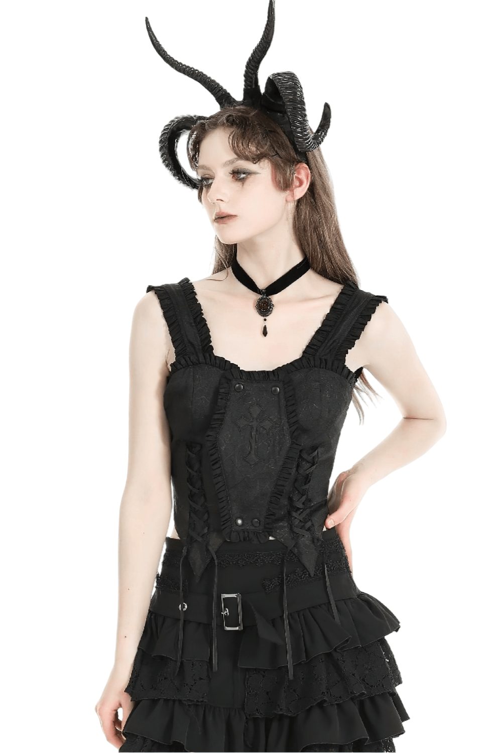 Gothic Black Embroidered Corset Top with Garter Straps