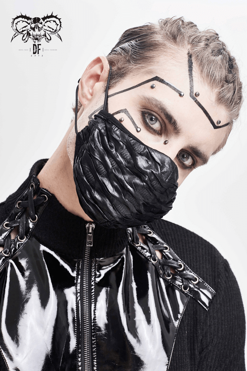 Gothic black wrinkled effect face mask with adjustable cord, styled cyberpunk fashion accessory.